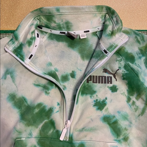 PUMA White & Green Tie Dye Quarter Zip Cropped Hoodie - Picture 4 of 5